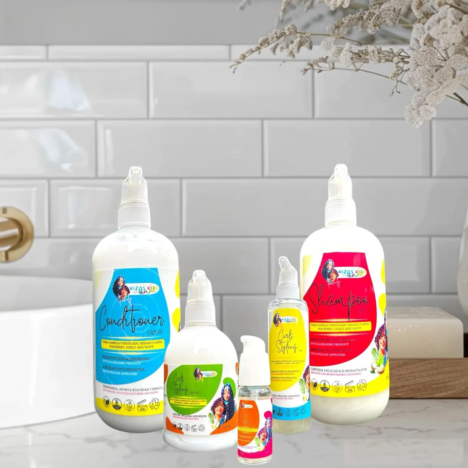 Hair Care Set with Shampoo, Conditioner, Shine Drops, Curl Styling Gel & Cream.