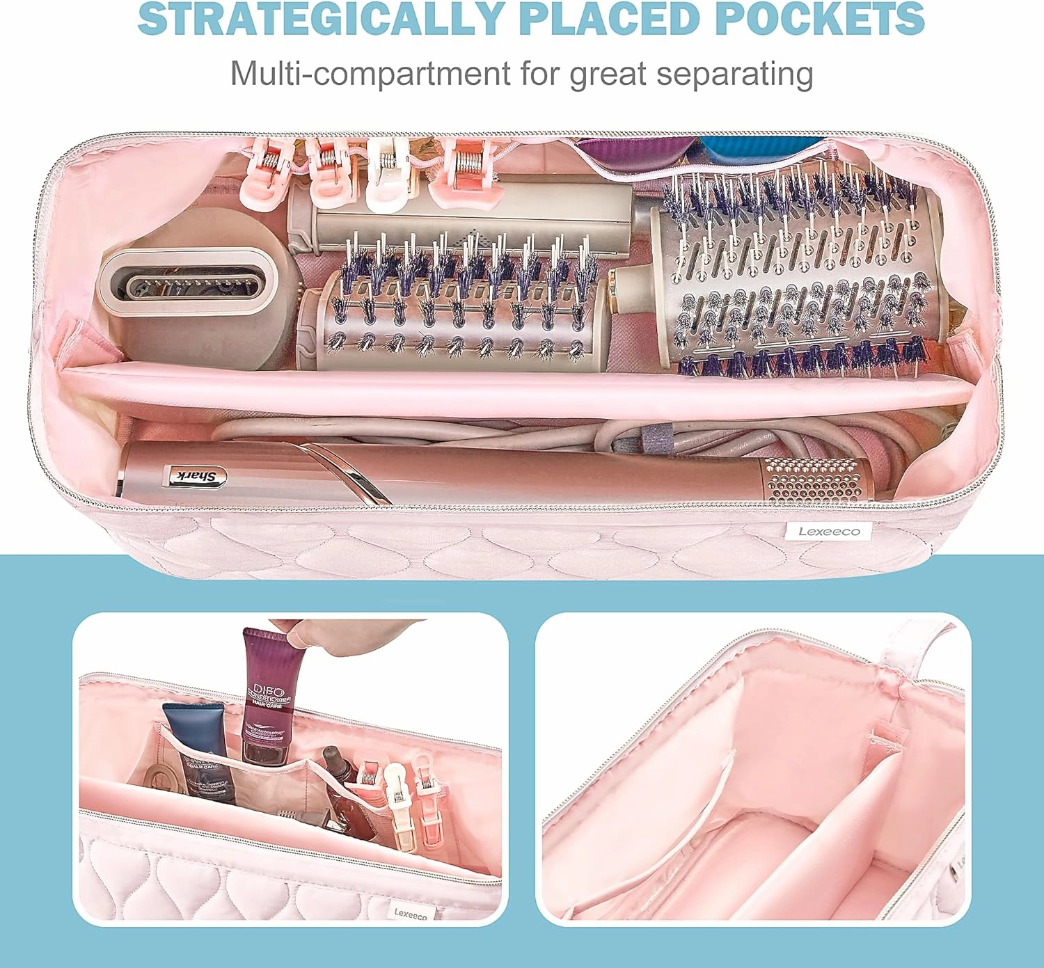 Hair Tools Travel Bag for Shark Flex Fusion Puffer Flexstyle Carring Case Portable Dyson Airwrap Travel Case for Shark Hair Dryer Flat Curing Iron Organizer (Pink)