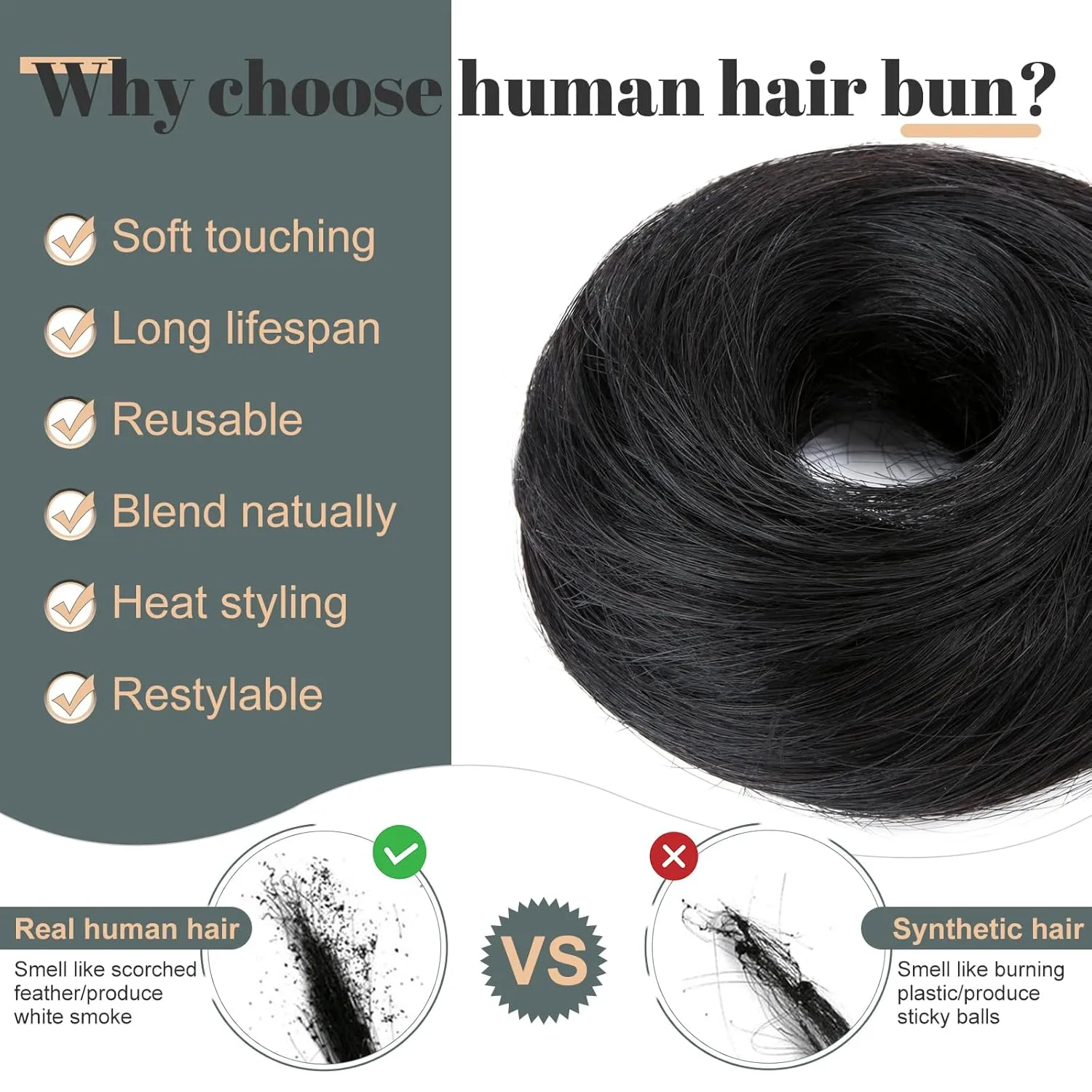 Hairro 2PCS Human Hair Messy Bun Scrunchies Real Hair Pieces Elegant Chignon Stretchy Elastic Rubber Band Ponytail Extensions For Women 46g #01 Dark Black