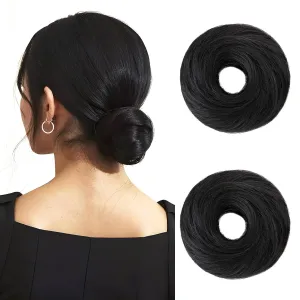 Hairro 2PCS Human Hair Messy Bun Scrunchies Real Hair Pieces Elegant Chignon Stretchy Elastic Rubber Band Ponytail Extensions For Women 46g #01 Dark Black