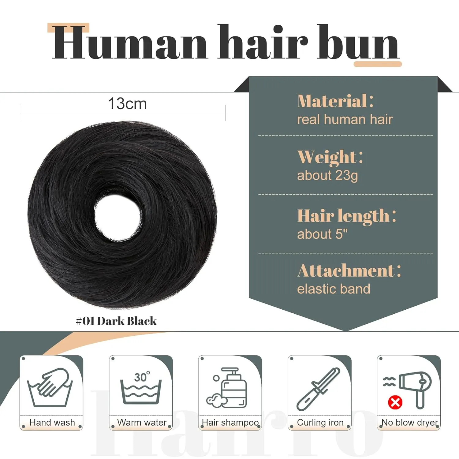 Hairro 2PCS Human Hair Messy Bun Scrunchies Real Hair Pieces Elegant Chignon Stretchy Elastic Rubber Band Ponytail Extensions For Women 46g #01 Dark Black
