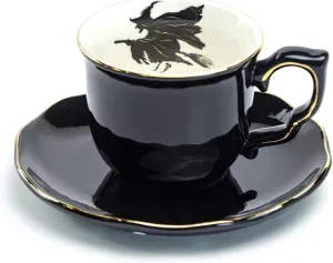 Halloween Witch Black Fine Porcelain Tea Cup and Saucer with Hand Painted Gold Trim
