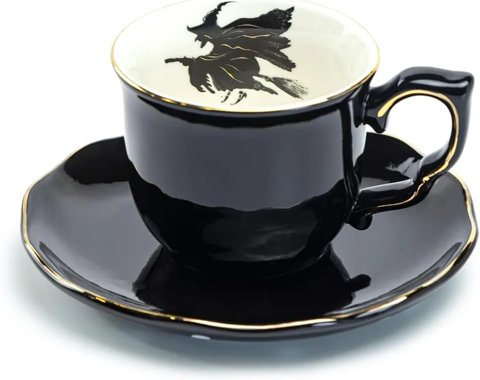 Halloween Witch Black Fine Porcelain Tea Cup and Saucer with Hand Painted Gold Trim
