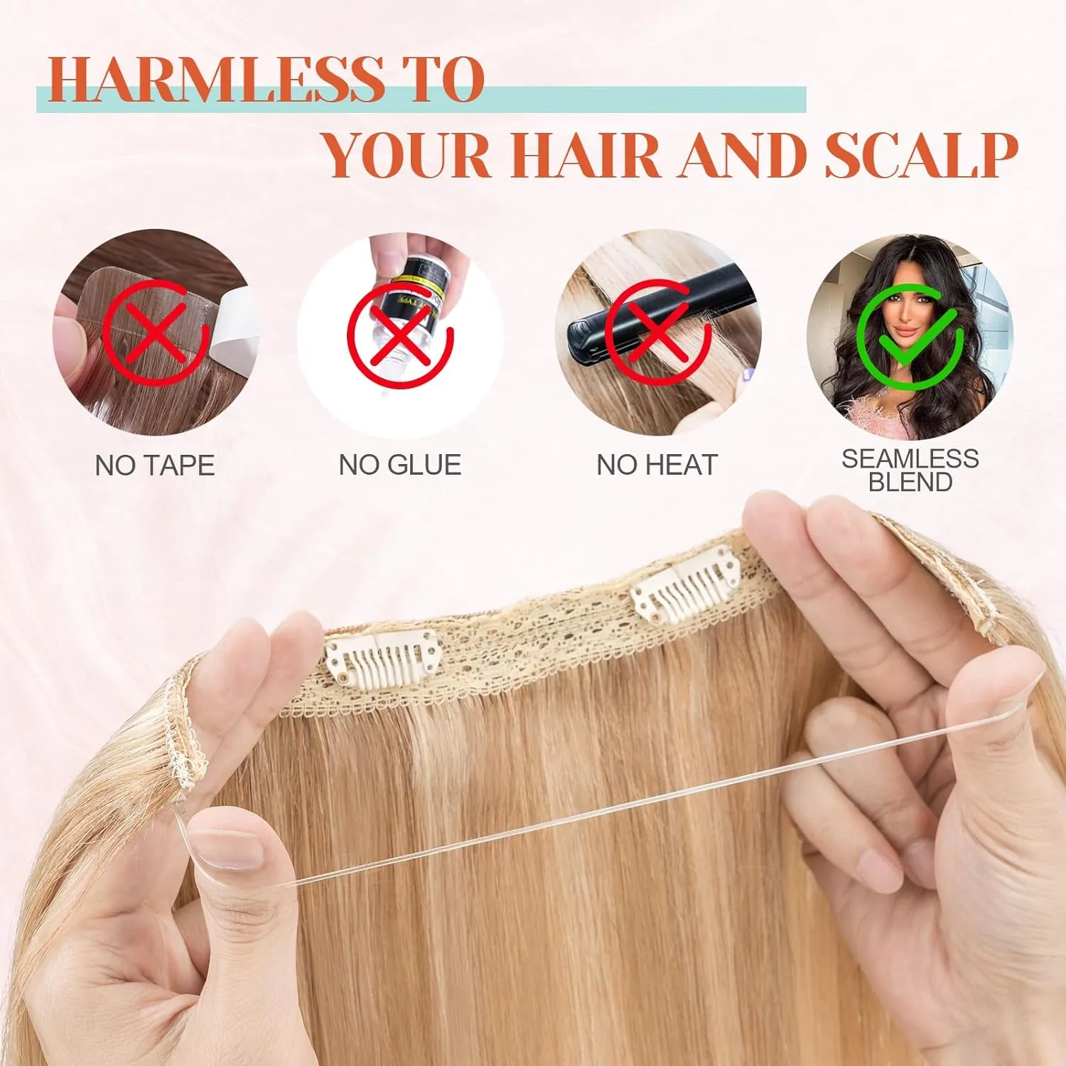 Halo Hair Extensions, Benehair Halo Blonde Hair Extensions for Women, 100% Human Hair Invisible Wire Hair Extensions for Adding Volume, 12 Inch Halo Extensions #18P613 Ash Blonde&Bleach Blonde