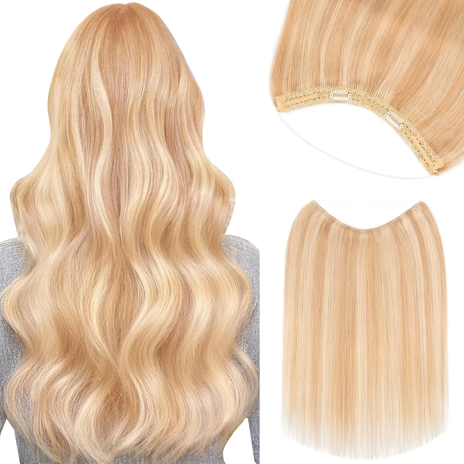 Halo Hair Extensions, Benehair Halo Blonde Hair Extensions for Women, 100% Human Hair Invisible Wire Hair Extensions for Adding Volume, 12 Inch Halo Extensions #18P613 Ash Blonde&Bleach Blonde