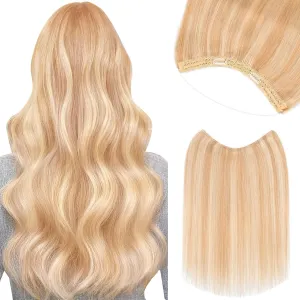 Halo Hair Extensions, Benehair Halo Blonde Hair Extensions for Women, 100% Human Hair Invisible Wire Hair Extensions for Adding Volume, 12 Inch Halo Extensions #18P613 Ash Blonde&Bleach Blonde