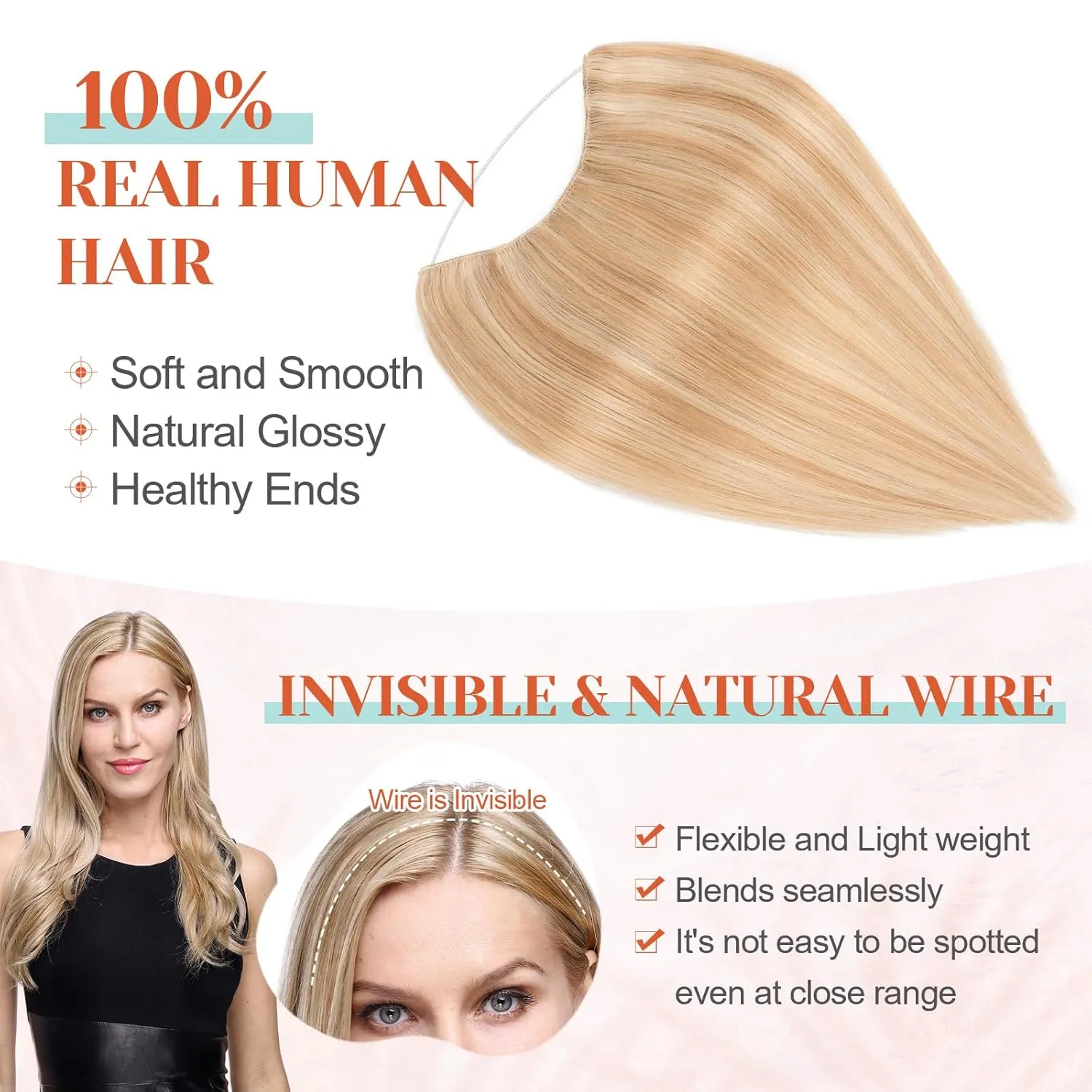 Halo Hair Extensions, Benehair Halo Blonde Hair Extensions for Women, 100% Human Hair Invisible Wire Hair Extensions for Adding Volume, 12 Inch Halo Extensions #18P613 Ash Blonde&Bleach Blonde