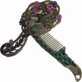 Handheld Makeup Mirror Comb Set Vintage Small Mirror for Women for Travel Party Present Classic Peacock Design