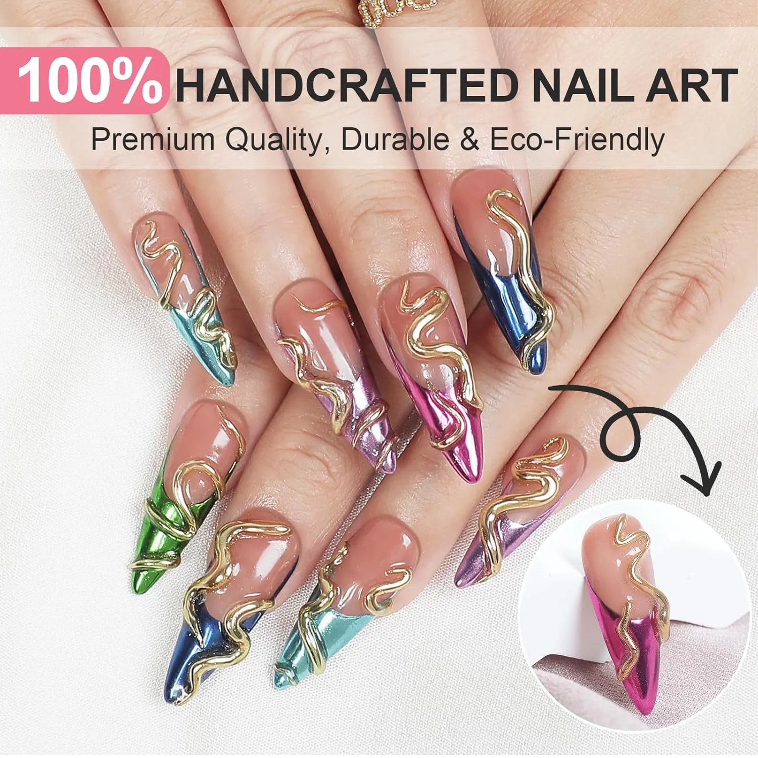 Handmade Long Pointed Fake Nails,10Pcs Medium Length Press on Nails French Snake Design Glossy Acrylic Nails 3D Swirl Design Nails Full Cover Artificial Nails for Women and Girls（Medium）