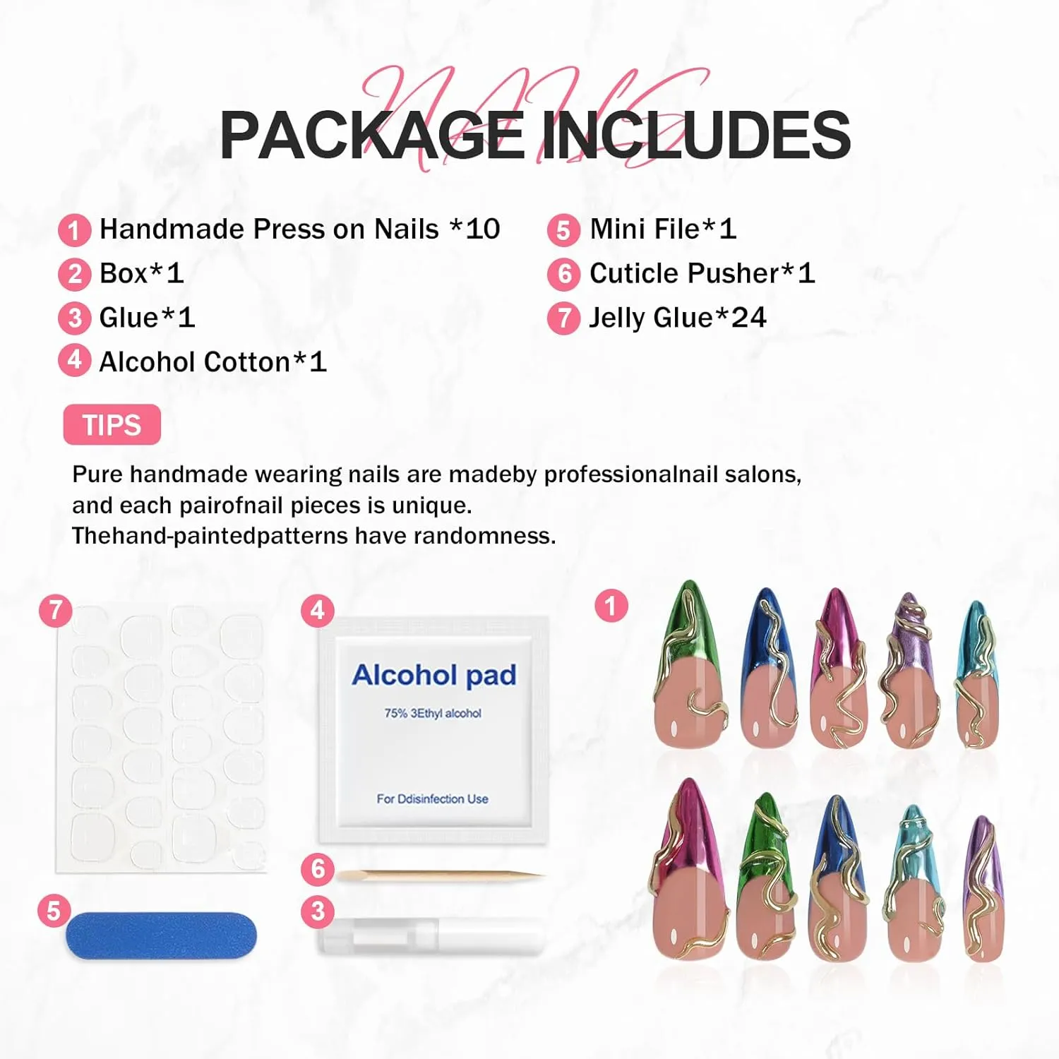 Handmade Long Pointed Fake Nails,10Pcs Medium Length Press on Nails French Snake Design Glossy Acrylic Nails 3D Swirl Design Nails Full Cover Artificial Nails for Women and Girls（Medium）