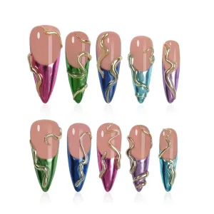 Handmade Long Pointed Fake Nails,10Pcs Medium Length Press on Nails French Snake Design Glossy Acrylic Nails 3D Swirl Design Nails Full Cover Artificial Nails for Women and Girls（Medium）