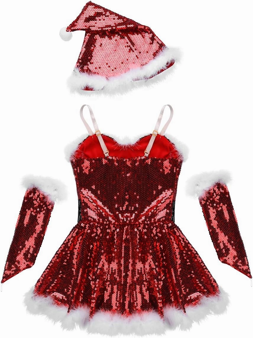 Hansber Big Girls Christmas Outfit Sequins Figure Ice Roller Skating Ballet Dance Leotard Dress with Hat Arm Sleeves