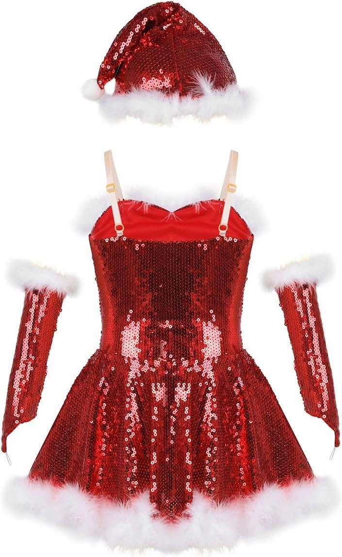 Hansber Big Girls Christmas Outfit Sequins Figure Ice Roller Skating Ballet Dance Leotard Dress with Hat Arm Sleeves