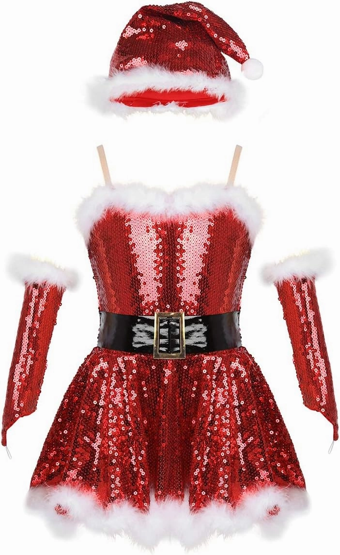 Hansber Big Girls Christmas Outfit Sequins Figure Ice Roller Skating Ballet Dance Leotard Dress with Hat Arm Sleeves