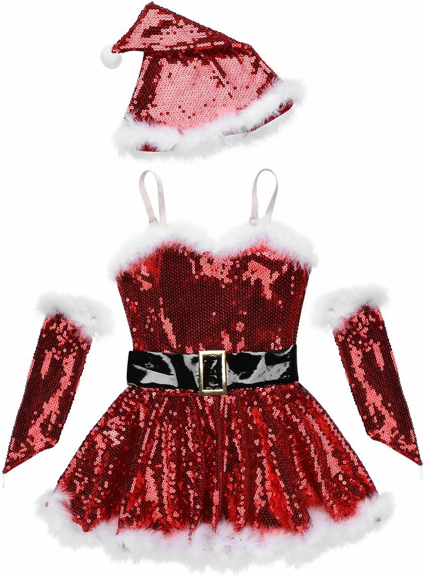 Hansber Big Girls Christmas Outfit Sequins Figure Ice Roller Skating Ballet Dance Leotard Dress with Hat Arm Sleeves