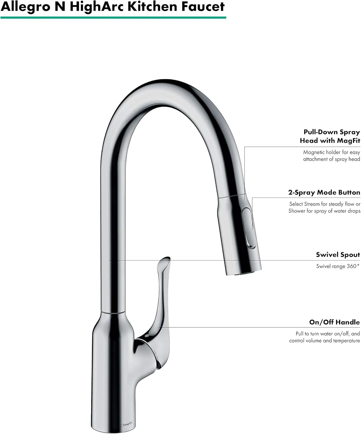 hansgrohe Allegro N Chrome High Arc Kitchen Faucet, Kitchen Faucets with Pull Down Sprayer, Faucet for Kitchen Sink, Chrome 71843001