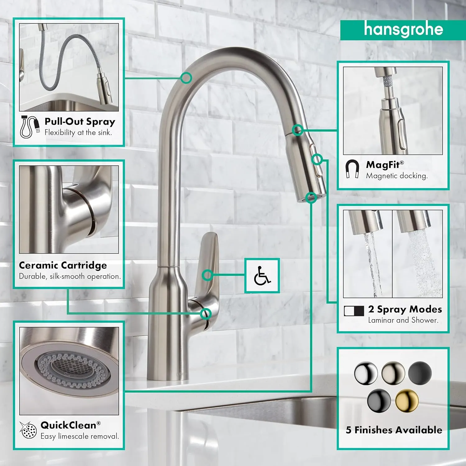 hansgrohe Focus N Stainless Steel High Arc Kitchen Faucet, Kitchen Faucets with Pull Down Sprayer, Faucet for Kitchen Sink, Stainless Steel Optic 71800801