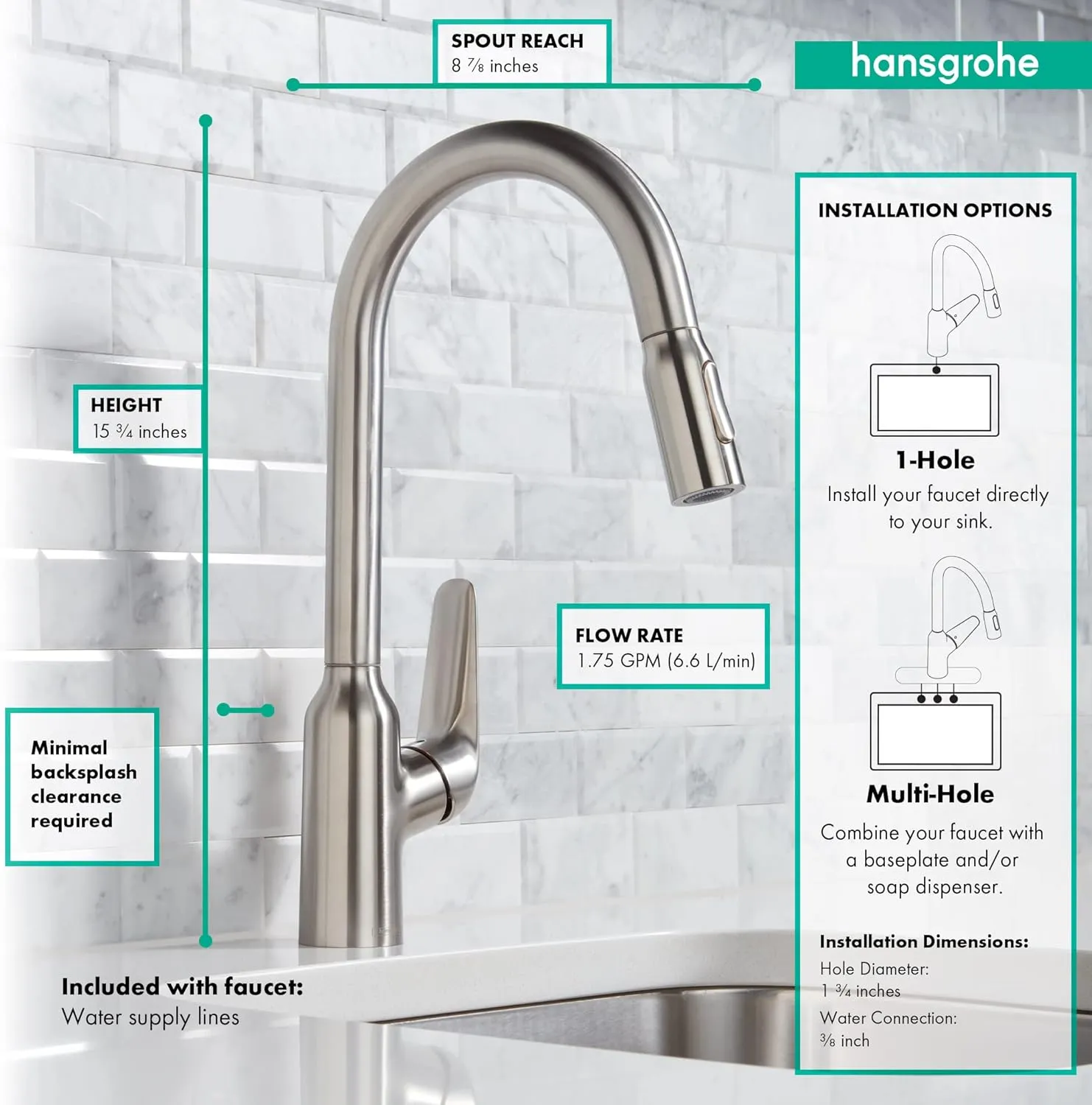 hansgrohe Focus N Stainless Steel High Arc Kitchen Faucet, Kitchen Faucets with Pull Down Sprayer, Faucet for Kitchen Sink, Stainless Steel Optic 71800801