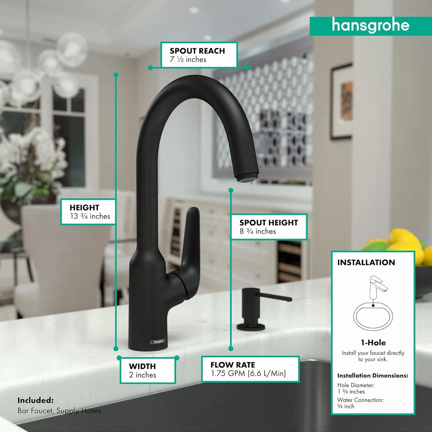 hansgrohe 71802671 Focus N 14-inch Tall 1-Handle Matte Black Drain Sold Separately Bar Faucet