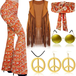 Haull 7 Pcs 60s 70s Outfits for Women Hippie Costume Set Boho Flared Pants Fringe Vest Peace Sign Accessories Set