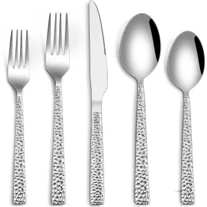 HaWare Hammered Silverware Set, 60-Piece Stainless Steel Flatware for 12, Modern Eating Utensils Tableware Cutlery for Kitchen Hotel Restaurant Party, Mirror Polished - Dishwasher Safe