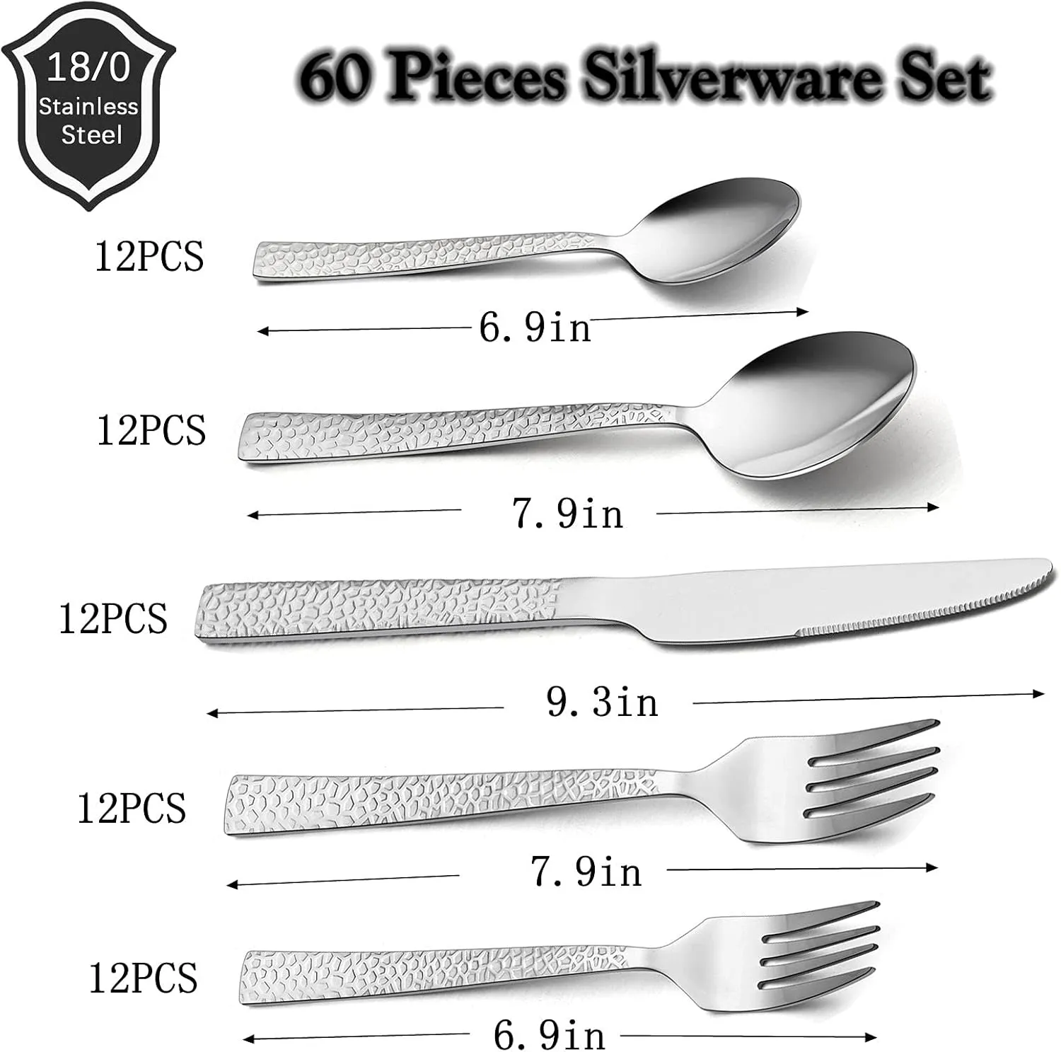 HaWare Hammered Silverware Set, 60-Piece Stainless Steel Flatware for 12, Modern Eating Utensils Tableware Cutlery for Kitchen Hotel Restaurant Party, Mirror Polished - Dishwasher Safe