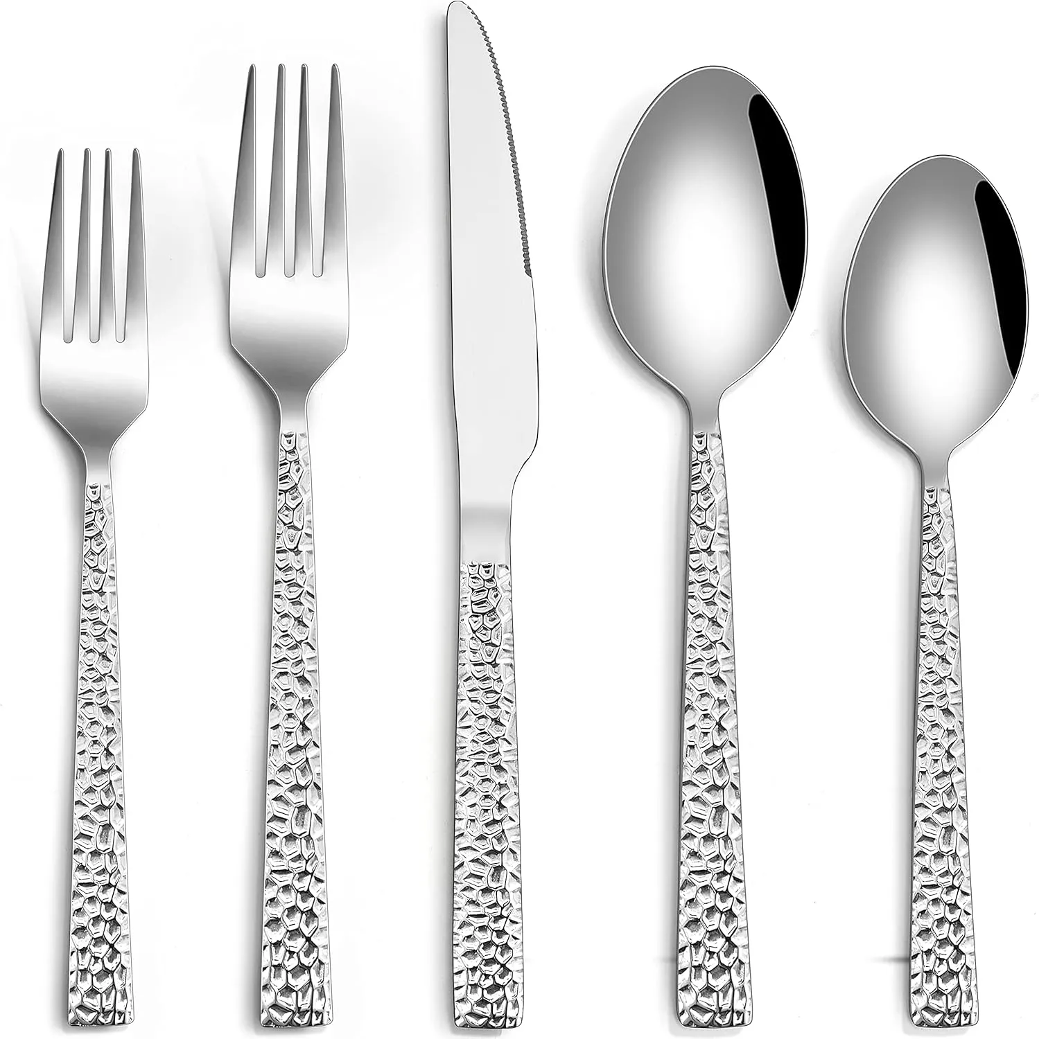 HaWare Hammered Silverware Set, 60-Piece Stainless Steel Flatware for 12, Modern Eating Utensils Tableware Cutlery for Kitchen Hotel Restaurant Party, Mirror Polished - Dishwasher Safe