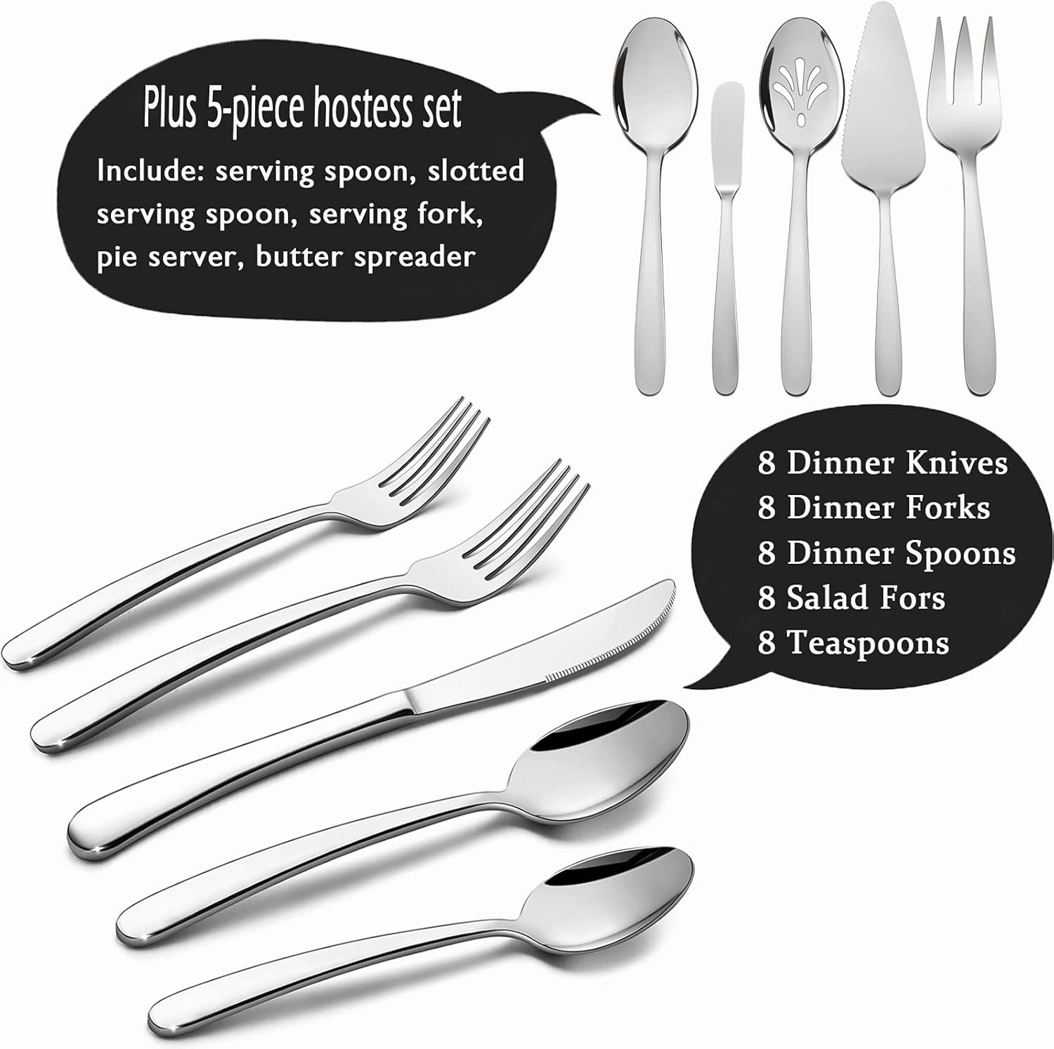 HaWare Heavy Duty Silverware Set, 45 Pieces Stainless Steel Flatware with Serving Utensils, Weight Tableware for 8, Modern Cutlery for Home, Dishwasher Safe, Mirror Polished