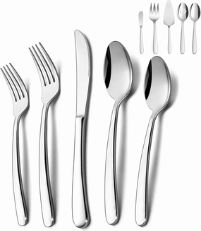HaWare Heavy Duty Silverware Set, 45 Pieces Stainless Steel Flatware with Serving Utensils, Weight Tableware for 8, Modern Cutlery for Home, Dishwasher Safe, Mirror Polished