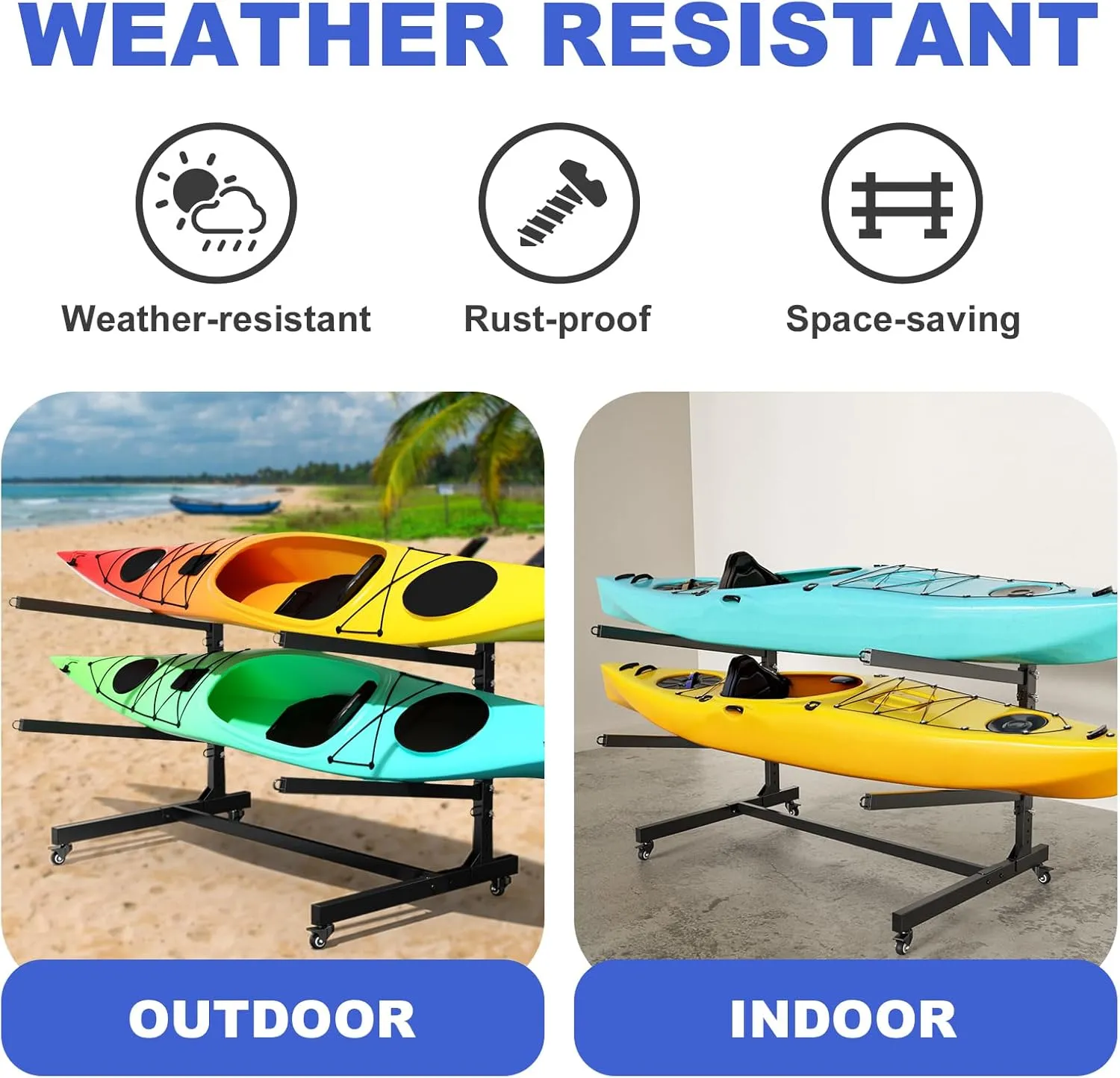 Heavy Duty Freestanding Kayak Storage Rack, Adjustable Metal Stand for Kayaks, Canoes, SUPs, Paddleboards & Surfboards with Lockable Wheels, Indoor & Outdoor Use