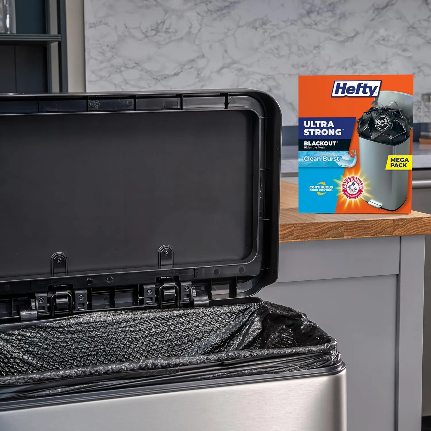 Hefty Ultra Strong 13 Gallon Trash Bags, Black Tall Kitchen Trash Bags 13 Gallon Size, Break Resistant Drawstring Enclosure, Continuous Odor Control, Blackout, Clean Burst Scent, 110 Bags