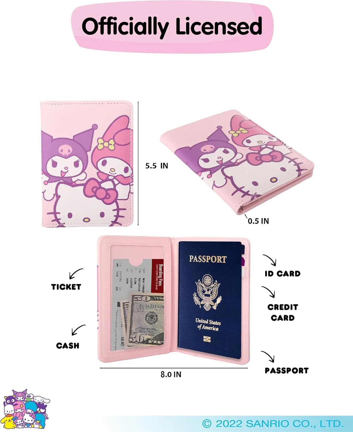 Hello Kitty and Friends Pink Passport Holder for Travel Official License, Sanrio Passport Cover for Women
