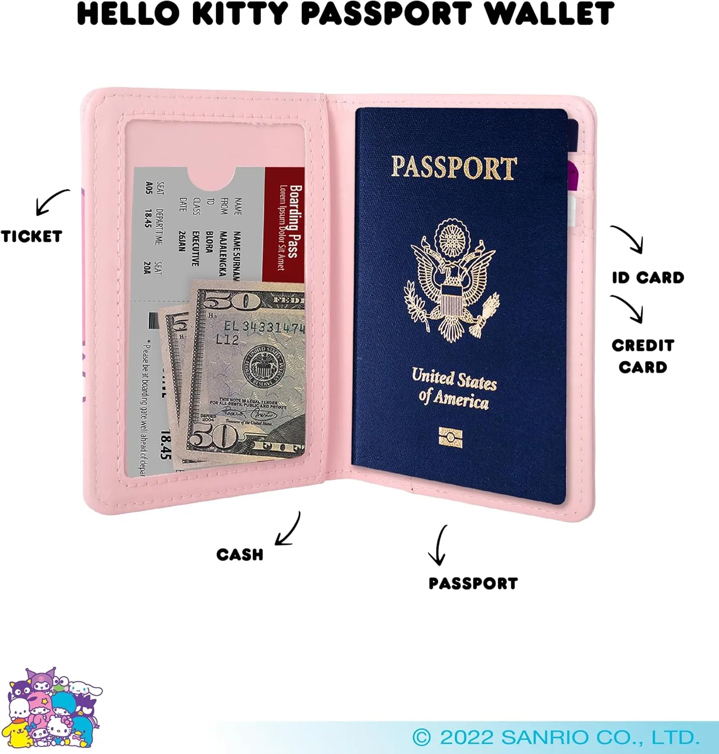 Hello Kitty and Friends Pink Passport Holder for Travel Official License, Sanrio Passport Cover for Women