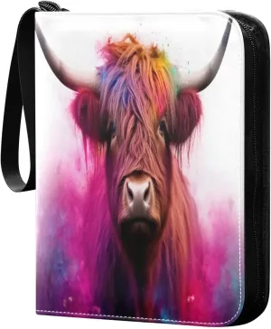 Highland Cow Colorful Card Binder with 50 Removable Page Sleeves PU Leather Collectible Trading Card Albums Book with Zipper for Games Card,Baseball Cards