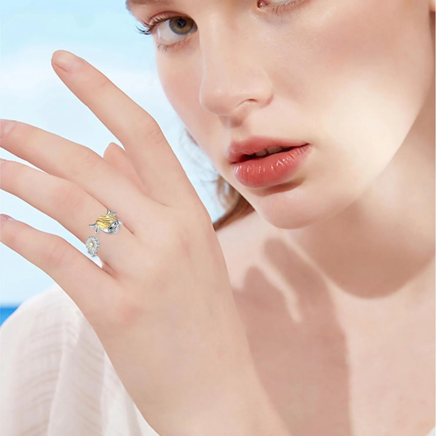 Highland Cow Open Ring 925 Sterling Silver Adjustable Cute Animal Open Rings with Loving Heart Cow Jewelry Gift for Women