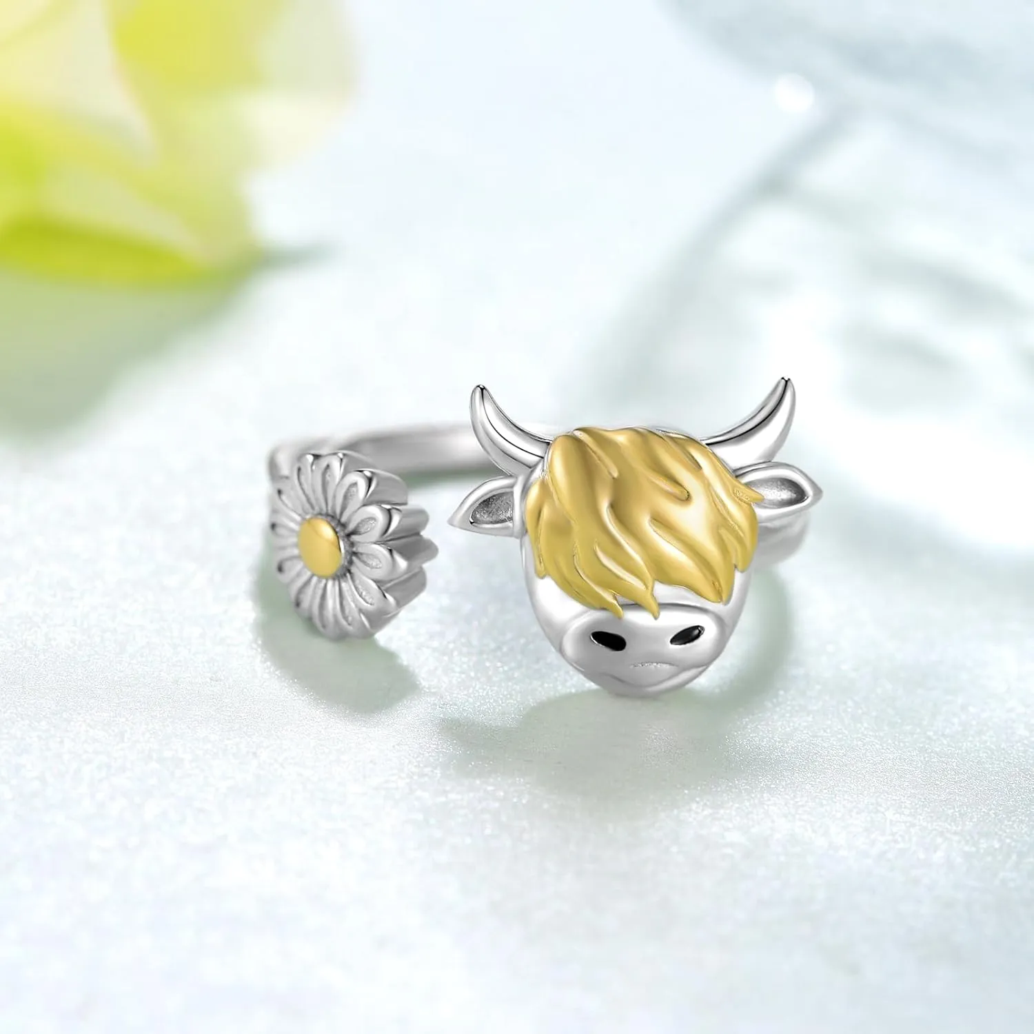 Highland Cow Open Ring 925 Sterling Silver Adjustable Cute Animal Open Rings with Loving Heart Cow Jewelry Gift for Women