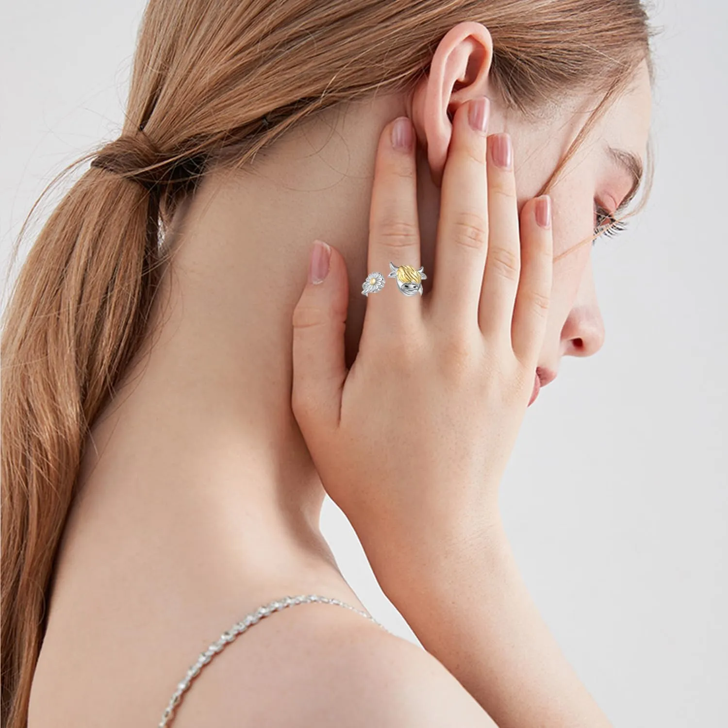 Highland Cow Open Ring 925 Sterling Silver Adjustable Cute Animal Open Rings with Loving Heart Cow Jewelry Gift for Women