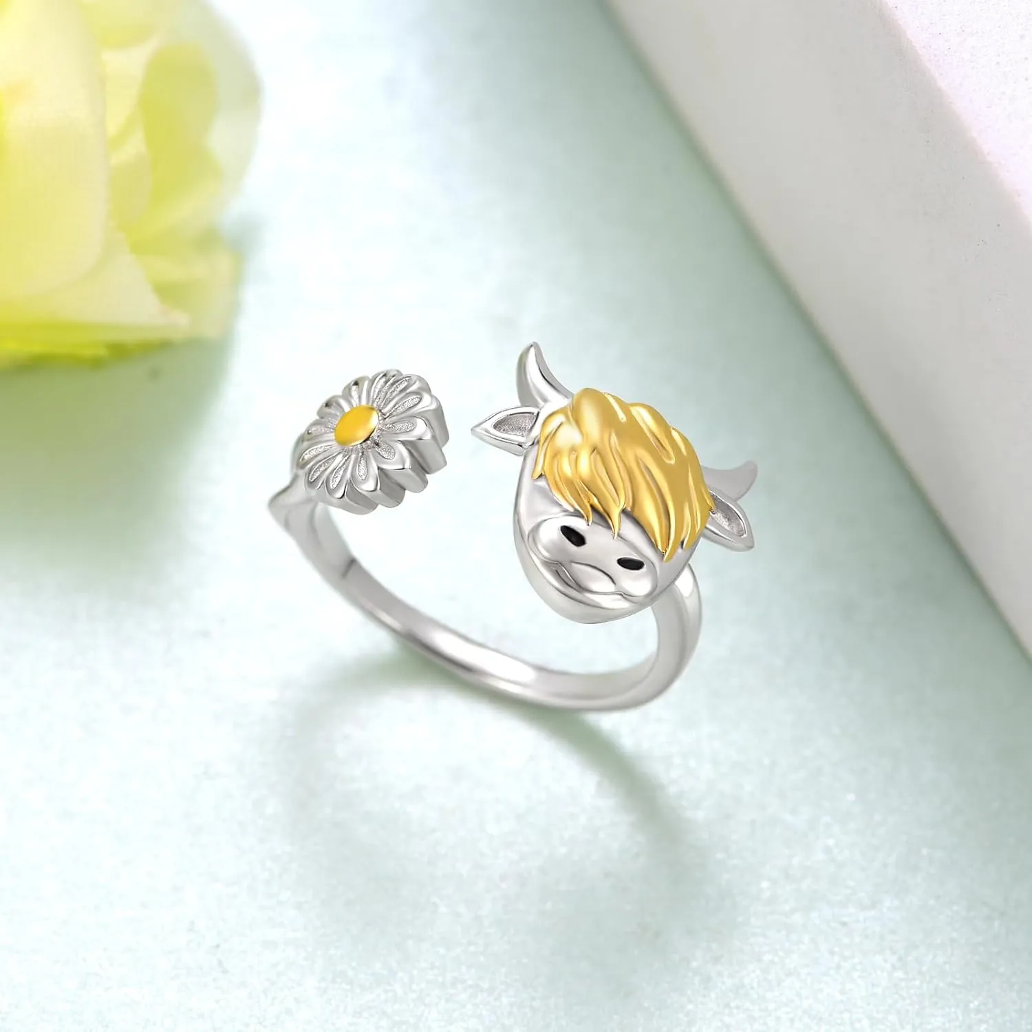 Highland Cow Open Ring 925 Sterling Silver Adjustable Cute Animal Open Rings with Loving Heart Cow Jewelry Gift for Women