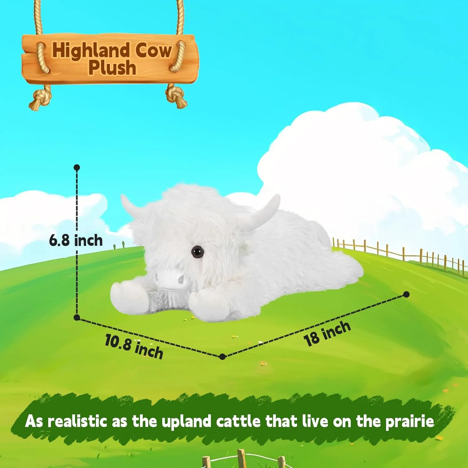 Highland Cow Stuffed Animal - 18" White Cows Plush Toy Gift for Kids & Adults, Cattle Decorations Pillows Living Room Bedroom