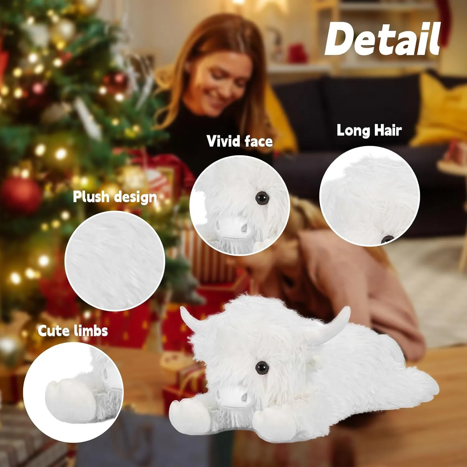 Highland Cow Stuffed Animal - 18" White Cows Plush Toy Gift for Kids & Adults, Cattle Decorations Pillows Living Room Bedroom