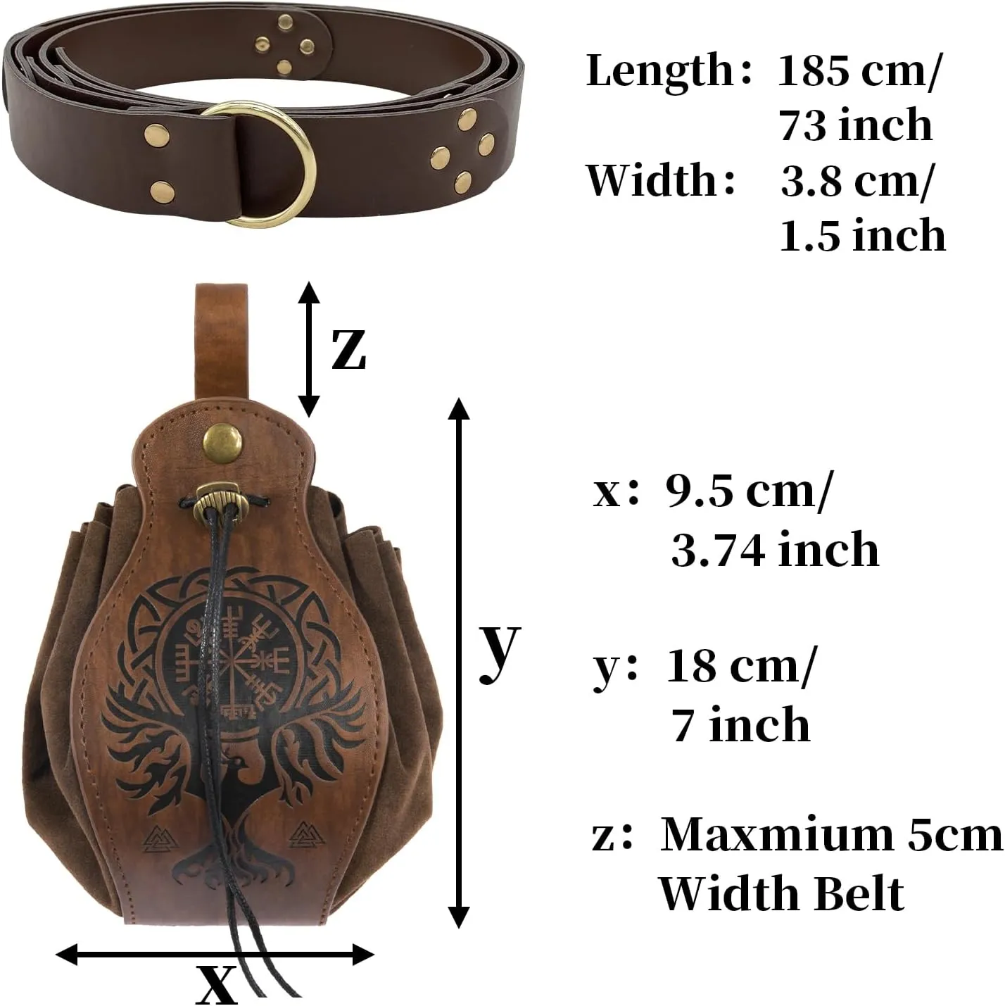 HiiFeuer Medieval O Ring Belt with Portable Drawstring Pouch, Retro Renaissance Faux Leather Belt and Purse Set for Ren Faire