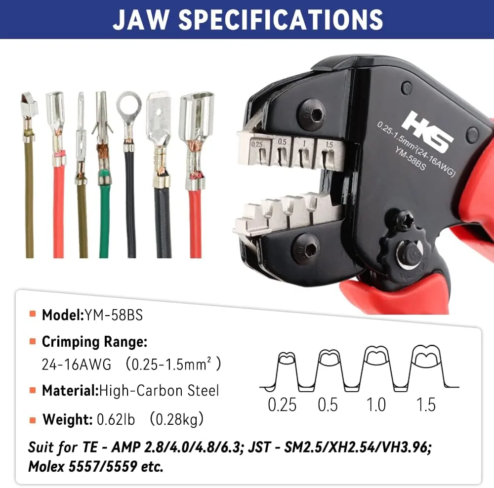 HKS Crimping Tool for Open Barrel Terminals - 24-16 AWG (0.25-1.5mm²) Labor-saving Crimper for AMP-TE 2.8/4.0/4.8/6.3 JST-SM2.54/XH2.54/VH3.96 & Molex (YM-58BS)