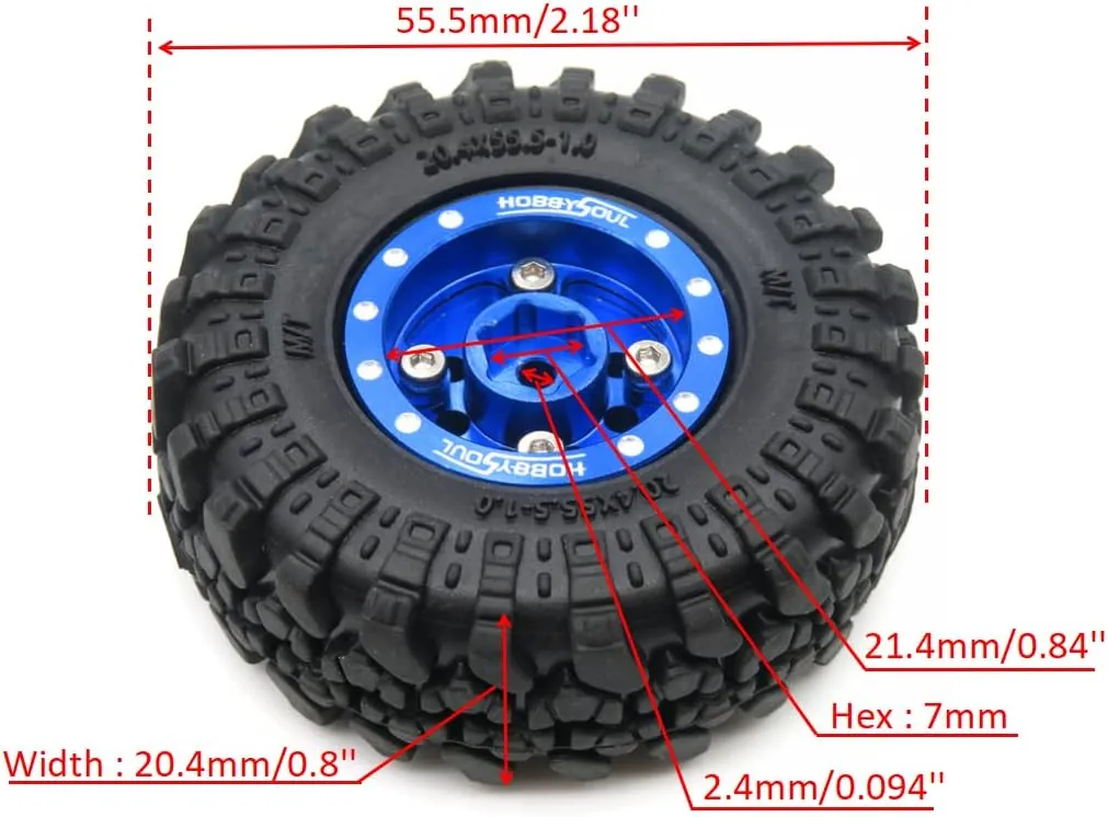 HOBBYSOUL 1/24 Tires Mounted On Heavy Adjustable Offset 1.0 beadlock Wheels Blue, 7mm Hex Rims 1.0 beadlock Wheels and Tires for Axial SCX24 90081 & Other 1/24 RC Crawler Car Truck, (4-Pack)