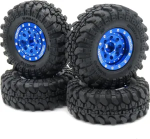 HOBBYSOUL 1/24 Tires Mounted On Heavy Adjustable Offset 1.0 beadlock Wheels Blue, 7mm Hex Rims 1.0 beadlock Wheels and Tires for Axial SCX24 90081 & Other 1/24 RC Crawler Car Truck, (4-Pack)