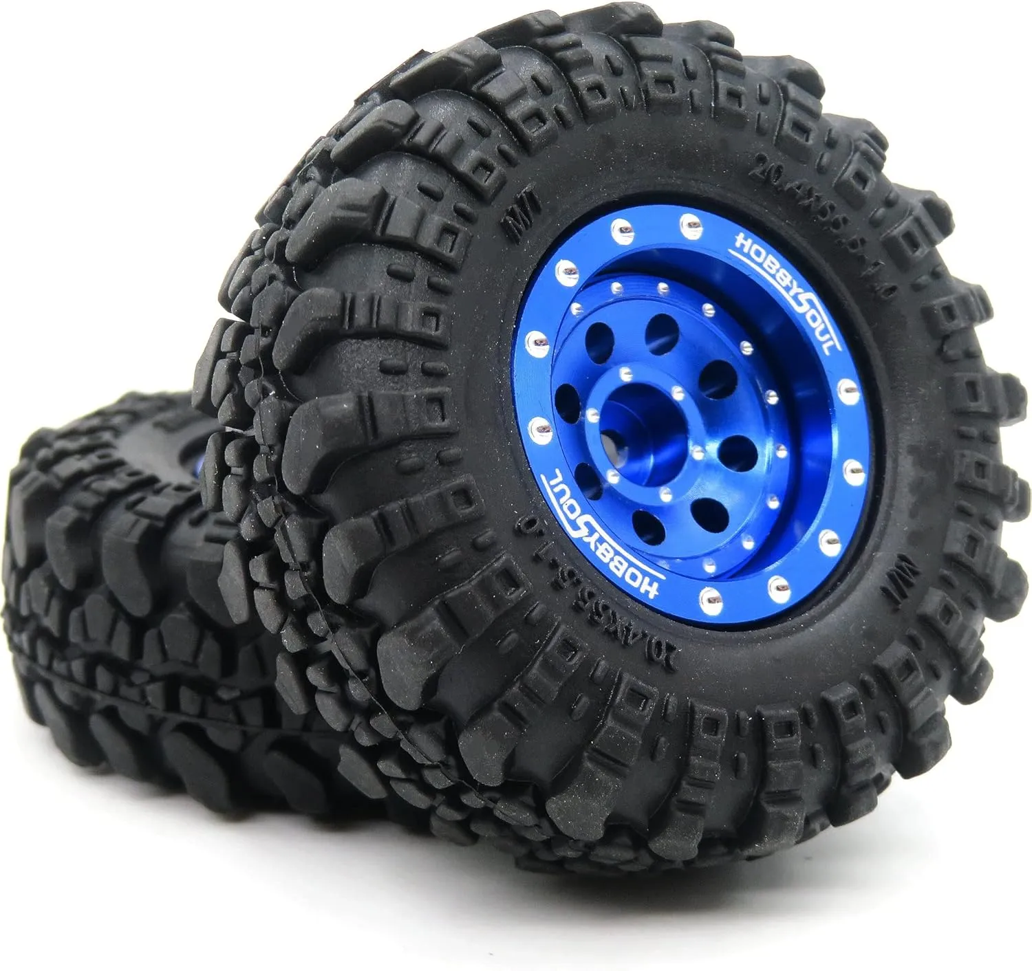 HOBBYSOUL 1/24 Tires Mounted On Heavy Adjustable Offset 1.0 beadlock Wheels Blue, 7mm Hex Rims 1.0 beadlock Wheels and Tires for Axial SCX24 90081 & Other 1/24 RC Crawler Car Truck, (4-Pack)