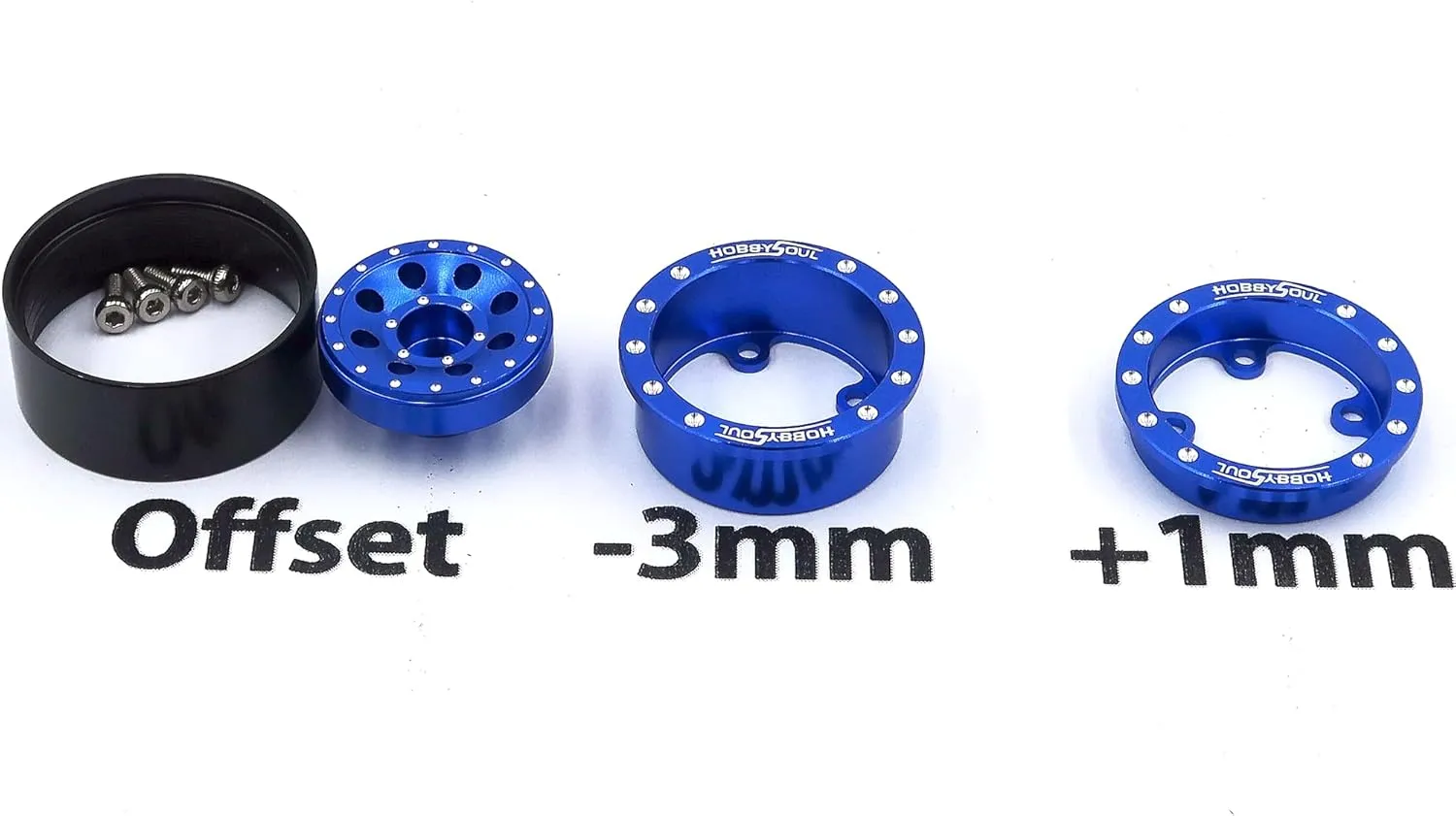HOBBYSOUL 1/24 Tires Mounted On Heavy Adjustable Offset 1.0 beadlock Wheels Blue, 7mm Hex Rims 1.0 beadlock Wheels and Tires for Axial SCX24 90081 & Other 1/24 RC Crawler Car Truck, (4-Pack)
