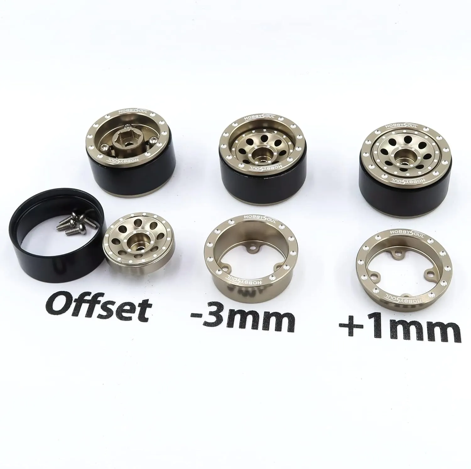 hobbysoul Adjustable Offset 1.0 Beadlock Wheels Champagne Color, Negative & Positive Heavy Rims 21g/Rim for Axial SCX24 90081 Other 1/24 RC Micro Crawler, (4-Pack)