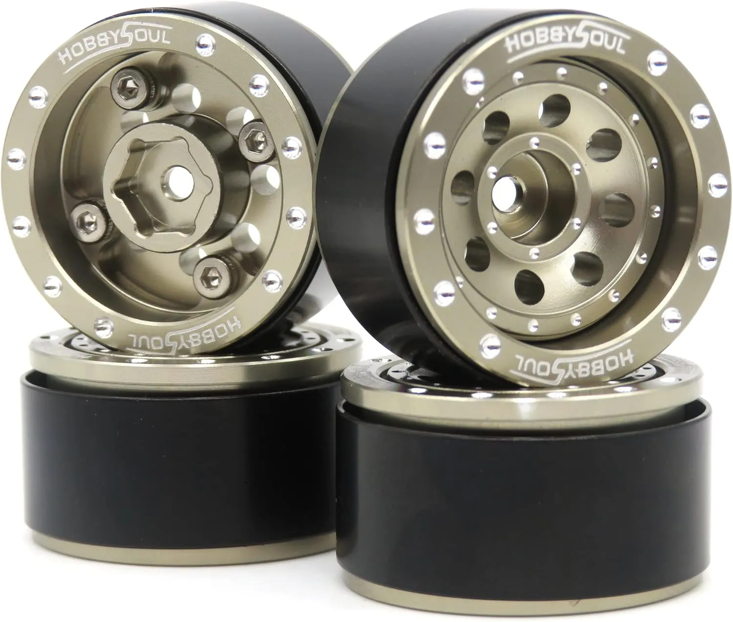 hobbysoul Adjustable Offset 1.0 Beadlock Wheels Champagne Color, Negative & Positive Heavy Rims 21g/Rim for Axial SCX24 90081 Other 1/24 RC Micro Crawler, (4-Pack)
