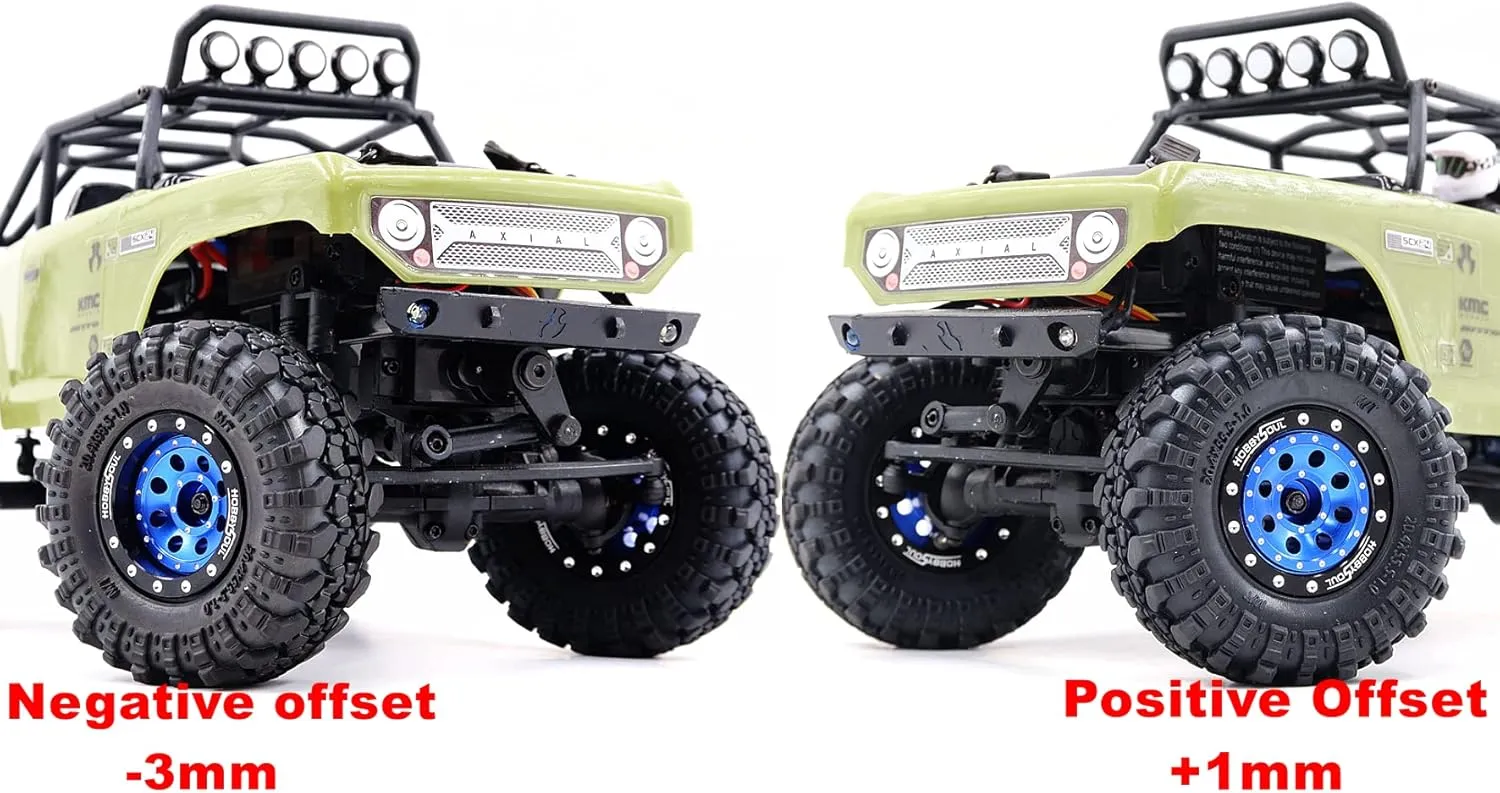 HOBBYSOUL RC 1.0 Tires & Heavy Adjustable Offset 1.0 Beadlock Wheels Black Blue for 1/24 RC Crawler Car Truck Axial SCX24 Upgrade,(4-Pack, Assembled)