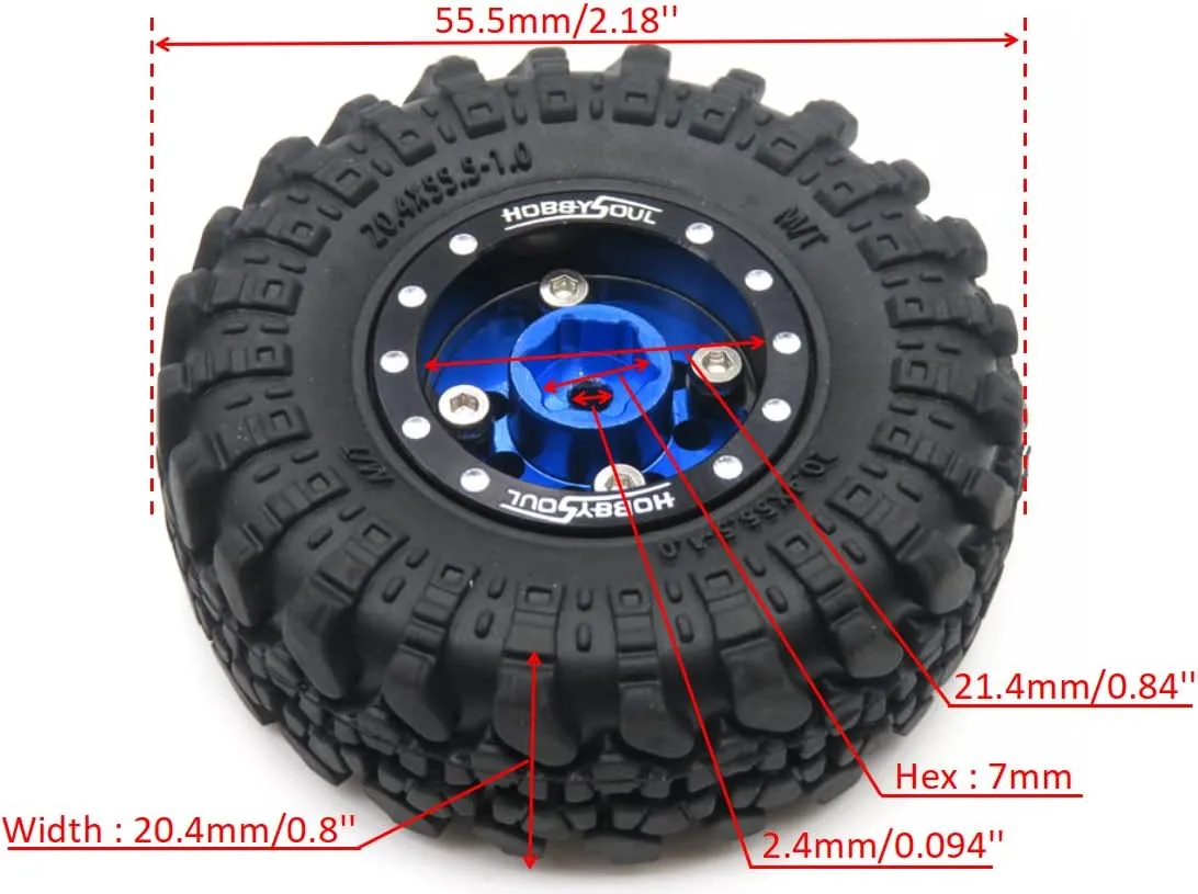 HOBBYSOUL RC 1.0 Tires & Heavy Adjustable Offset 1.0 Beadlock Wheels Black Blue for 1/24 RC Crawler Car Truck Axial SCX24 Upgrade,(4-Pack, Assembled)